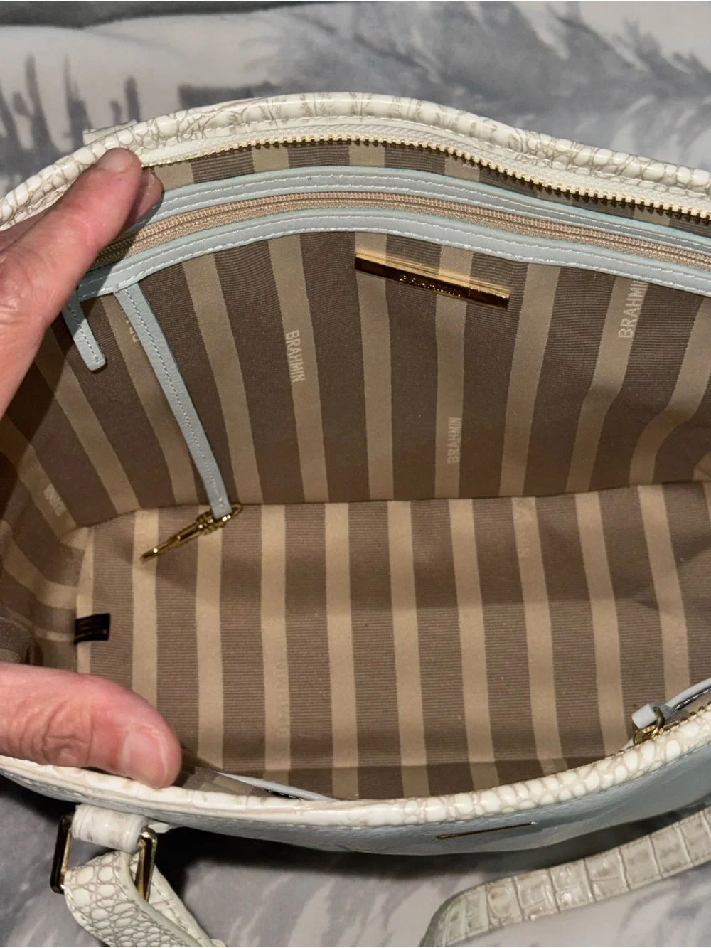 Brahmin Powder Blue Tote with White Croc-Trim